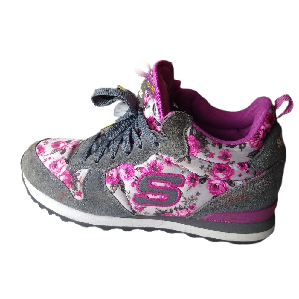 Skechers Floral Gray Pink Suede Fabric Sneakers Tennis Shoes SN 121 Size 9 Euc